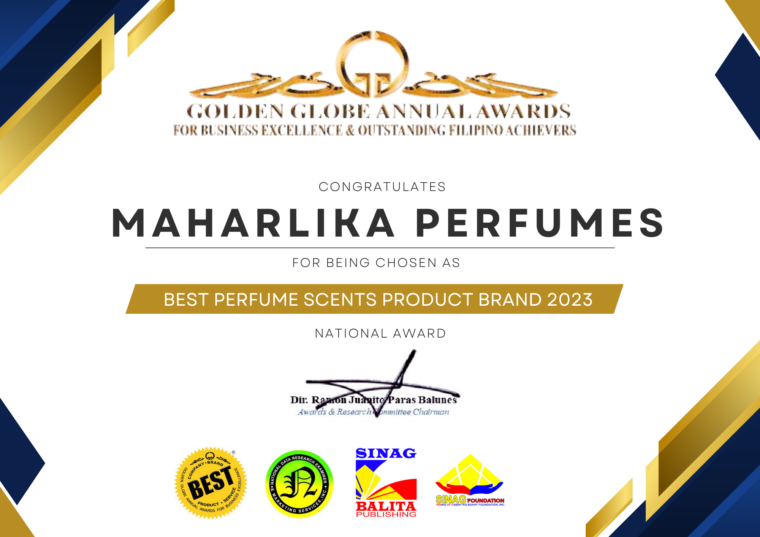 maharlika perfumes award certificate by the golden globes awards ph