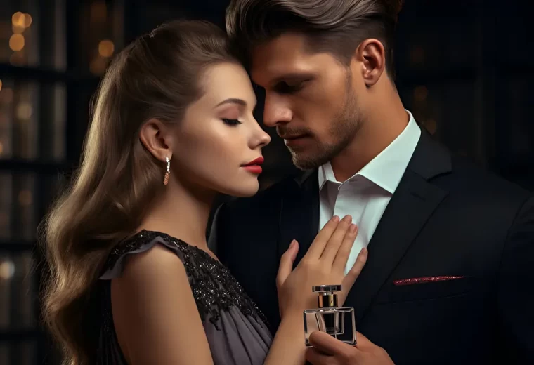 Couple in love while holding a perfume